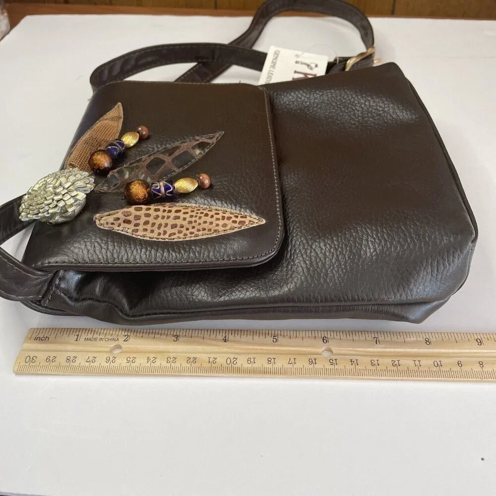 NWT Karam Genuine Leather Crossbody Purse Handbag Brown‎ Floral 3D Adjustable